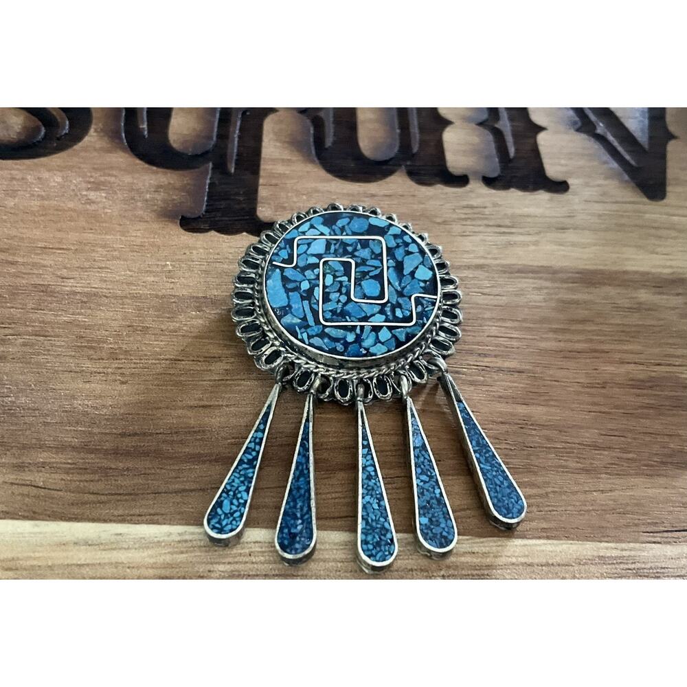 Vintage Mexico 925 Sterling Silver Turquoise Inlay Pendant Pin Brooch 9.9g